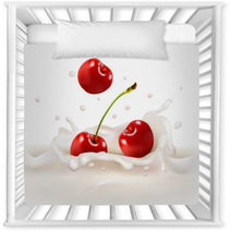 Red Cherries Fruits Falling Into The Milky Splash. Vector Illust Nursery Decor 55382168