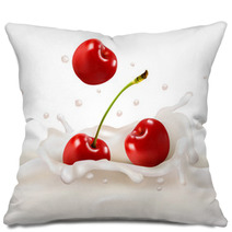 Red Cherries Fruits Falling Into The Milky Splash. Vector Illust Pillows 55382168