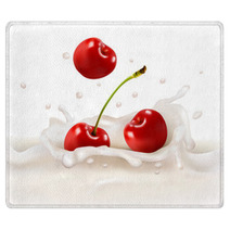 Red Cherries Fruits Falling Into The Milky Splash. Vector Illust Rugs 55382168
