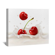 Red Cherries Fruits Falling Into The Milky Splash. Vector Illust Wall Art 55382168