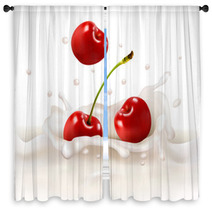 Red Cherries Fruits Falling Into The Milky Splash. Vector Illust Window Curtains 55382168