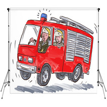 Red Fire Truck Fireman Caricature Backdrops 102541483