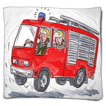 Red Fire Truck Fireman Caricature Blankets 102541483