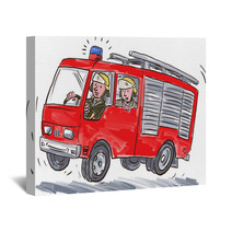 Red Fire Truck Fireman Caricature Wall Art 102541483