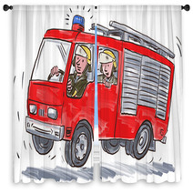 Red Fire Truck Fireman Caricature Window Curtains 102541483