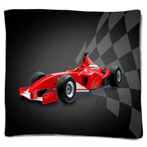 Red Formula One Car And Racing Flag Blankets 3139088