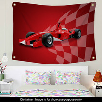 Red Formula One Car And Racing Flag Wall Art 3138776