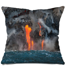Red Hot Lava Flowing Into Pacific Ocean On Big Island, Hawaii  Pillows 64456310