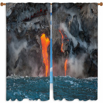 Red Hot Lava Flowing Into Pacific Ocean On Big Island, Hawaii  Window Curtains 64456310