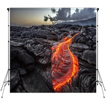 Red Orange Vibrant Molten Lava Flowing Onto Grey Lavafield And Glossy Rocky Land Near Hawaiian Volcano With Vog On Background Backdrops 149931120