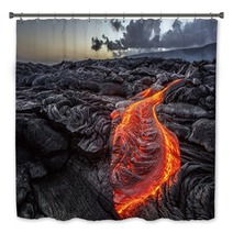 Red Orange Vibrant Molten Lava Flowing Onto Grey Lavafield And Glossy Rocky Land Near Hawaiian Volcano With Vog On Background Bath Decor 149931120