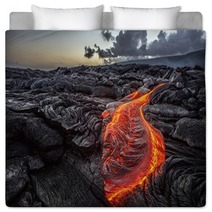 Red Orange Vibrant Molten Lava Flowing Onto Grey Lavafield And Glossy Rocky Land Near Hawaiian Volcano With Vog On Background Bedding 149931120