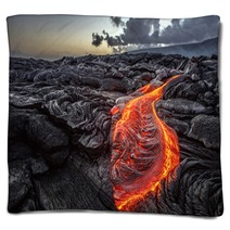 Red Orange Vibrant Molten Lava Flowing Onto Grey Lavafield And Glossy Rocky Land Near Hawaiian Volcano With Vog On Background Blankets 149931120