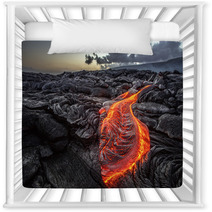 Red Orange Vibrant Molten Lava Flowing Onto Grey Lavafield And Glossy Rocky Land Near Hawaiian Volcano With Vog On Background Nursery Decor 149931120