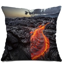 Red Orange Vibrant Molten Lava Flowing Onto Grey Lavafield And Glossy Rocky Land Near Hawaiian Volcano With Vog On Background Pillows 149931120