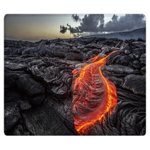 Red Orange Vibrant Molten Lava Flowing Onto Grey Lavafield And Glossy Rocky Land Near Hawaiian Volcano With Vog On Background Rugs 149931120