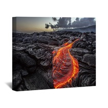 Red Orange Vibrant Molten Lava Flowing Onto Grey Lavafield And Glossy Rocky Land Near Hawaiian Volcano With Vog On Background Wall Art 149931120