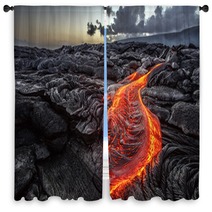 Red Orange Vibrant Molten Lava Flowing Onto Grey Lavafield And Glossy Rocky Land Near Hawaiian Volcano With Vog On Background Window Curtains 149931120