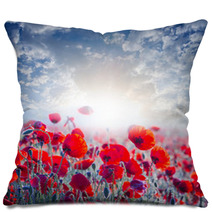 Red Poppy Field In A Rays Of Sun Pillows 56875413