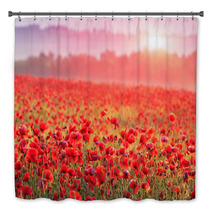 Red Poppy Field In Morning Mist Bath Decor 60150152