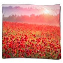 Red Poppy Field In Morning Mist Blankets 60150152