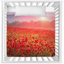 Red Poppy Field In Morning Mist Nursery Decor 60150152