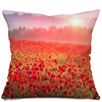 Red Poppy Field In Morning Mist Pillows 60150152