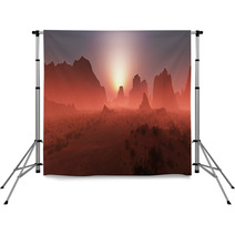 Red Rocky Desert Landscape In The Mist At Sunset. Panoramic Shot Backdrops 67429668