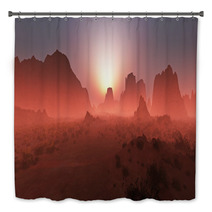 Red Rocky Desert Landscape In The Mist At Sunset. Panoramic Shot Bath Decor 67429668