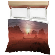Red Rocky Desert Landscape In The Mist At Sunset. Panoramic Shot Bedding 67429668
