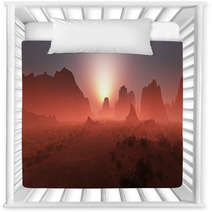 Red Rocky Desert Landscape In The Mist At Sunset. Panoramic Shot Nursery Decor 67429668