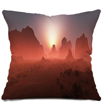 Red Rocky Desert Landscape In The Mist At Sunset. Panoramic Shot Pillows 67429668