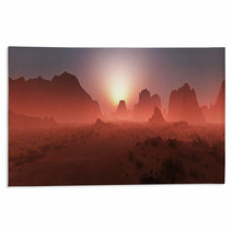 Red Rocky Desert Landscape In The Mist At Sunset. Panoramic Shot Rugs 67429668