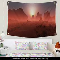 Red Rocky Desert Landscape In The Mist At Sunset. Panoramic Shot Wall Art 67429668