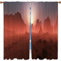 Red Rocky Desert Landscape In The Mist At Sunset. Panoramic Shot Window Curtains 67429668