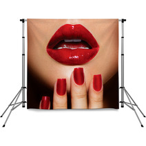 Red Sexy Lips And Nails Closeup. Manicure And Makeup Backdrops 54851498