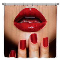 Red Sexy Lips And Nails Closeup. Manicure And Makeup Bath Decor 54851498