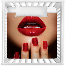 Red Sexy Lips And Nails Closeup. Manicure And Makeup Nursery Decor 54851498