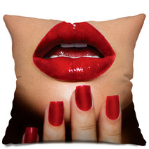 Red Sexy Lips And Nails Closeup. Manicure And Makeup Pillows 54851498