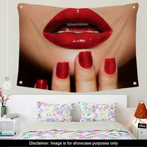 Red Sexy Lips And Nails Closeup. Manicure And Makeup Wall Art 54851498