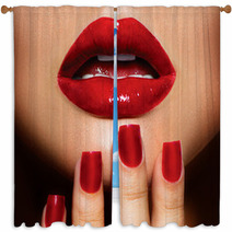 Red Sexy Lips And Nails Closeup. Manicure And Makeup Window Curtains 54851498