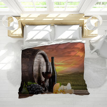 Red Wine Still Life With Vineyard On Background Bedding 68059279