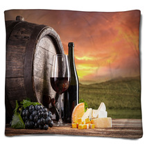 Red Wine Still Life With Vineyard On Background Blankets 68059279
