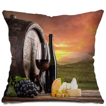 Red Wine Still Life With Vineyard On Background Pillows 68059279