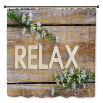 Relax Written On Rustic Wood And Chamomile Flowers
 Bath Decor 91278913