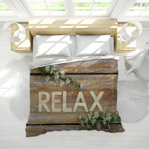 Relax Written On Rustic Wood And Chamomile Flowers
 Bedding 91278913