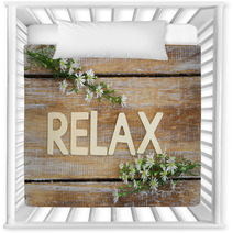 Relax Written On Rustic Wood And Chamomile Flowers
 Nursery Decor 91278913