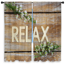 Relax Written On Rustic Wood And Chamomile Flowers
 Window Curtains 91278913