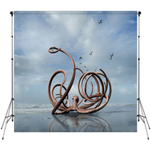 Rendering Of A Monster Octopus Crawling Out Of The Ocean Onto A Washington Coast Beach. Backdrops 98857070