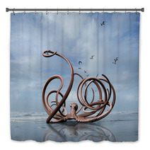 Rendering Of A Monster Octopus Crawling Out Of The Ocean Onto A Washington Coast Beach. Bath Decor 98857070